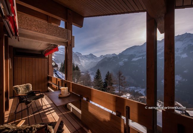 Chalet Primula balcony view of Lauterbrunnen valley Wengen Apartments Chalet Primula view of Lauterbrunnen valley