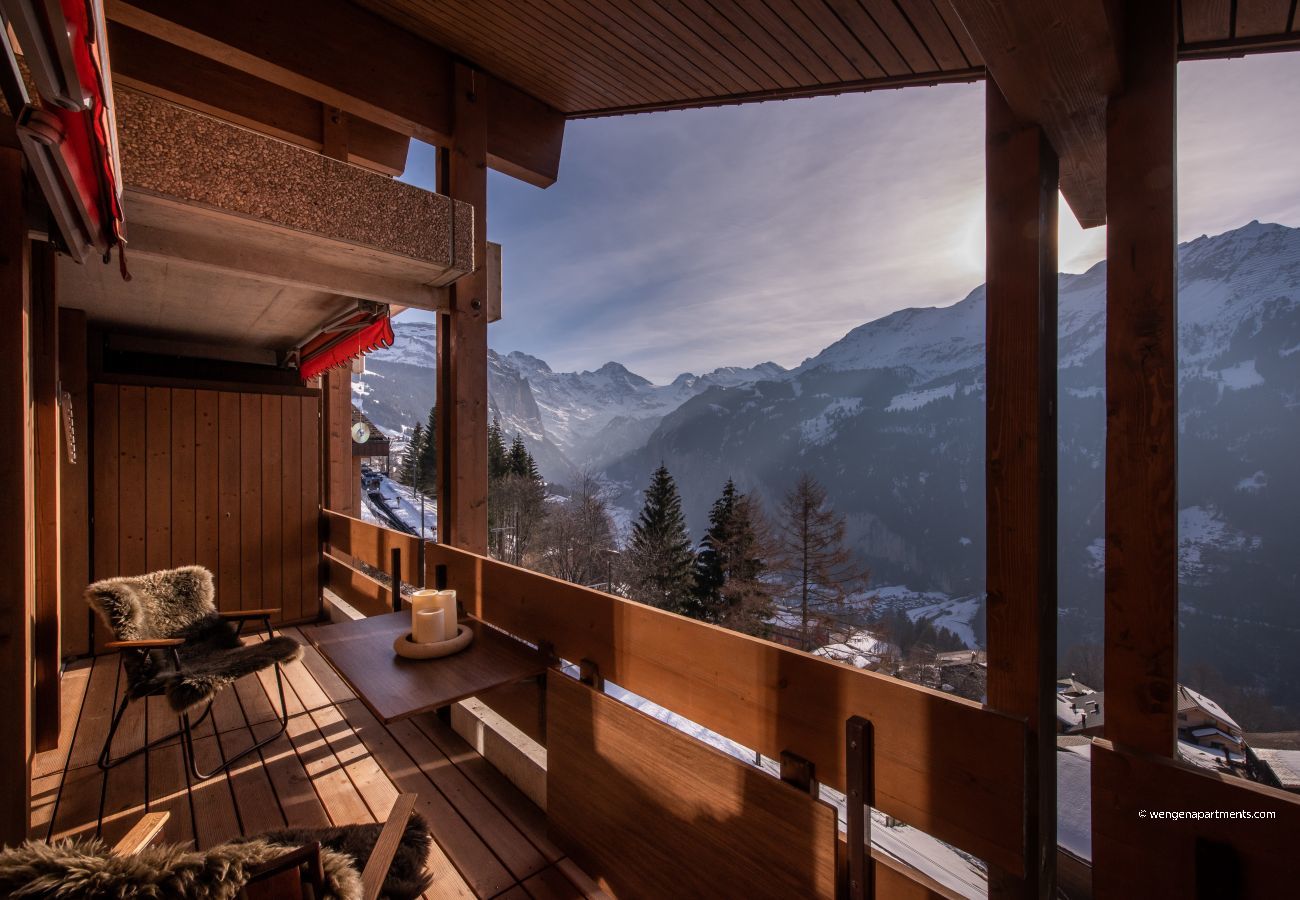 Chalet Primula balcony view of Lauterbrunnen valley Wengen Apartments Chalet Primula view of Lauterbrunnen valley